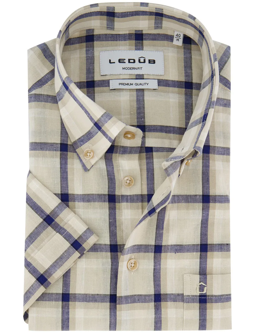 Ledub overhemd korte mouw beige geruit linnen normale fit