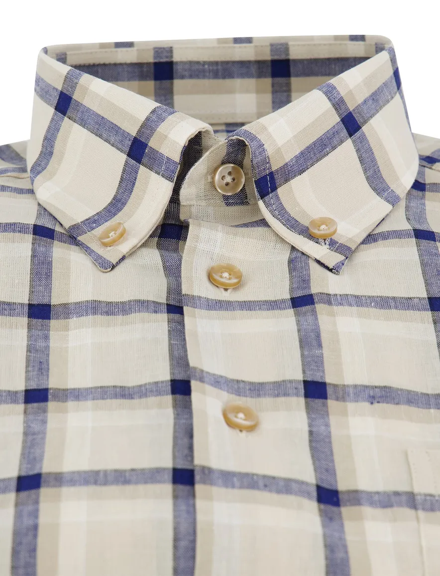 Ledub overhemd korte mouw beige geruit linnen normale fit