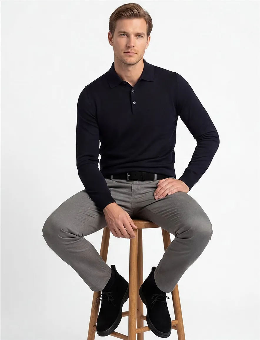 Thomas Maine navy trui effen merinowol normale fit