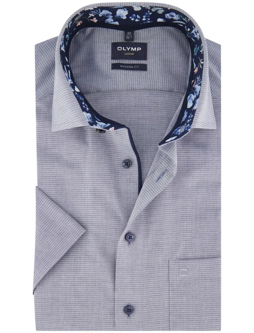 Olymp Modern Fit overhemd blauw korte mouw geprint strijkvrij