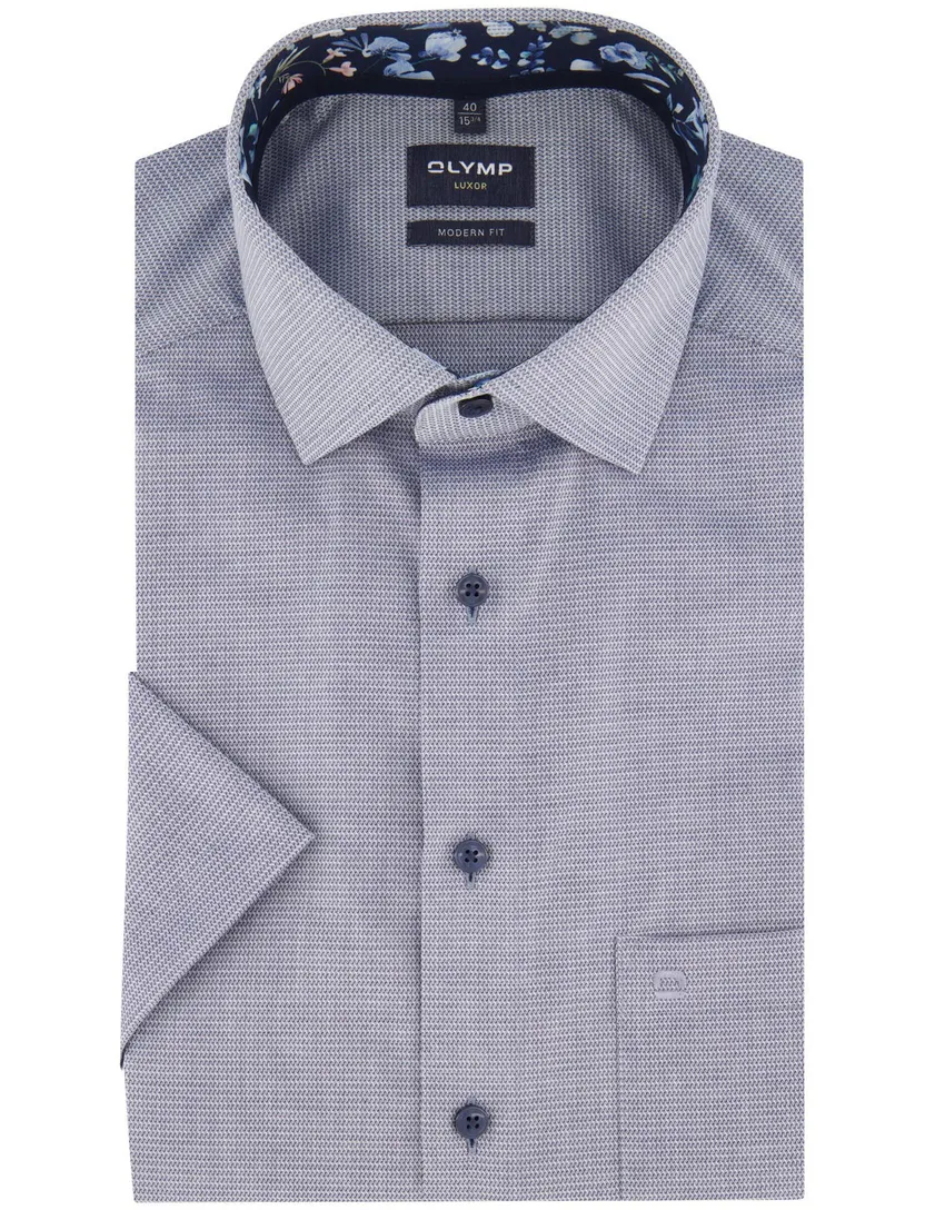 Olymp Modern Fit overhemd blauw korte mouw geprint strijkvrij