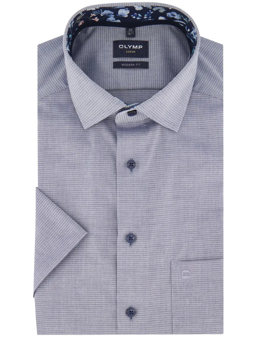 Olymp Modern Fit overhemd geprint blauw strijkvrij korte mouw