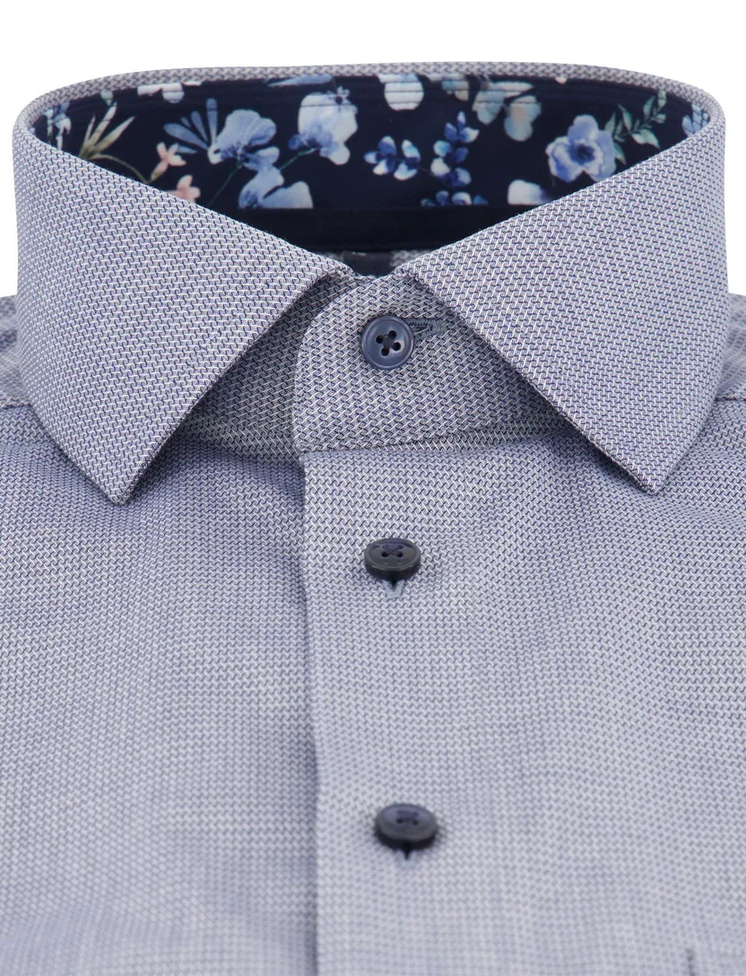 Olymp Modern Fit overhemd blauw korte mouw geprint strijkvrij