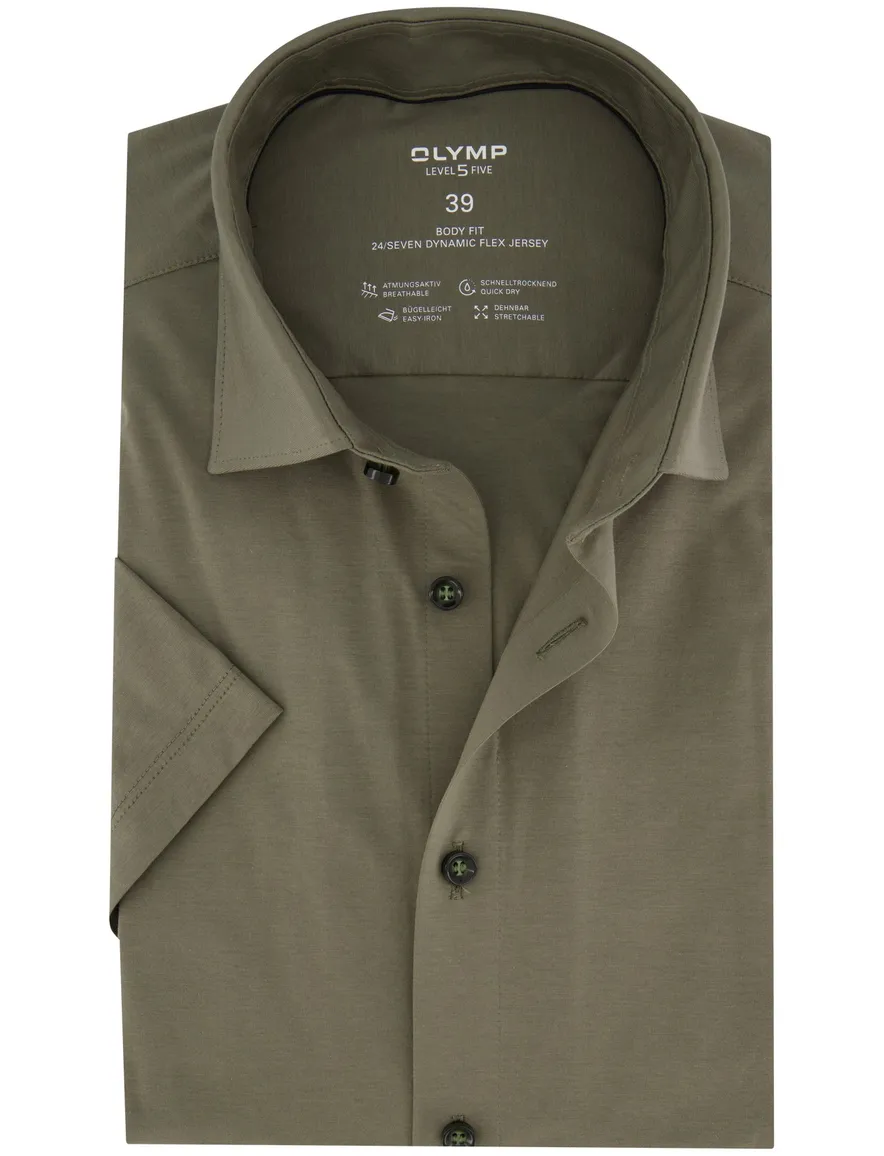 Olymp slim fit katoenen overhemd korte mouw khaki