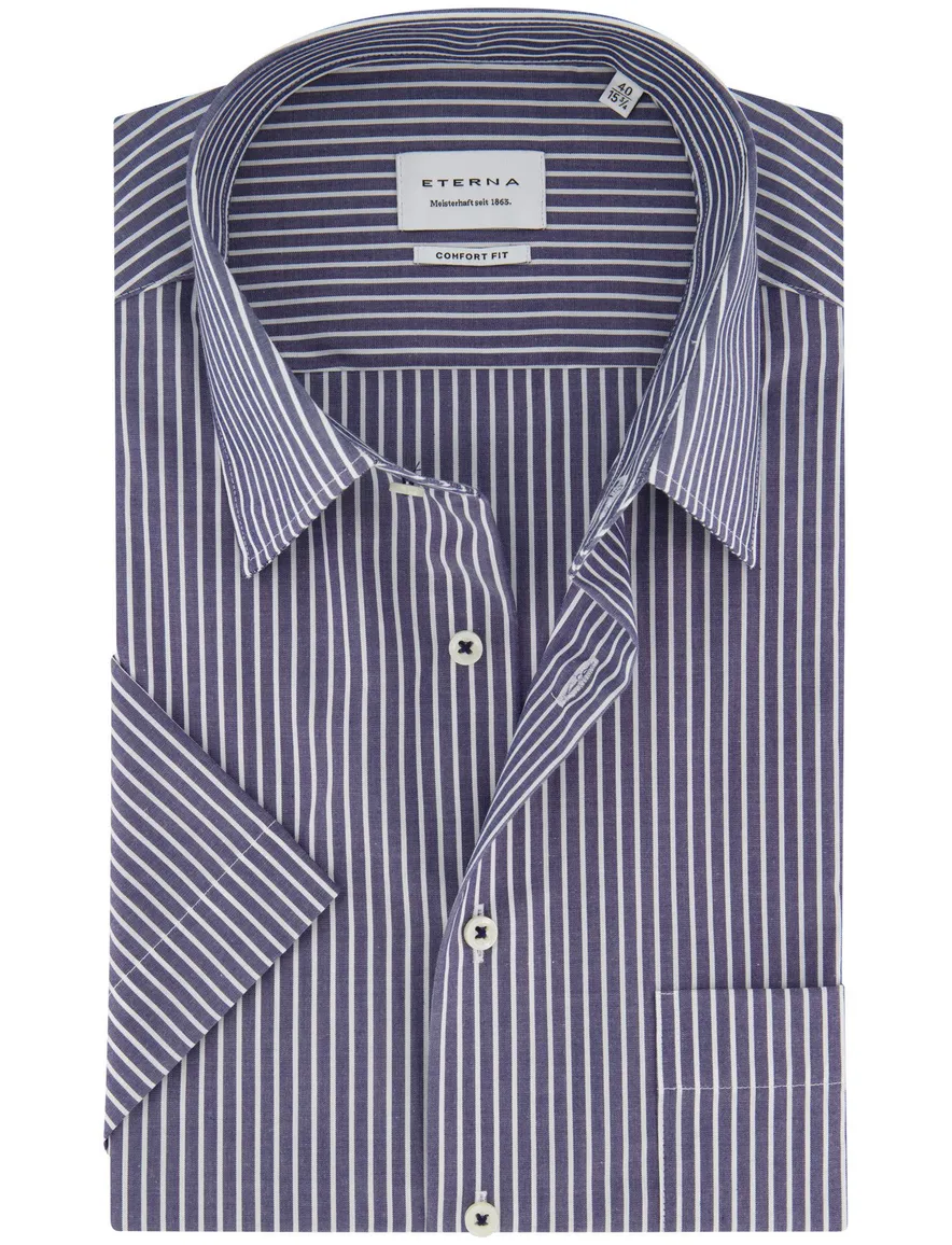 Eterna blauw gestreept katoen korte mouw