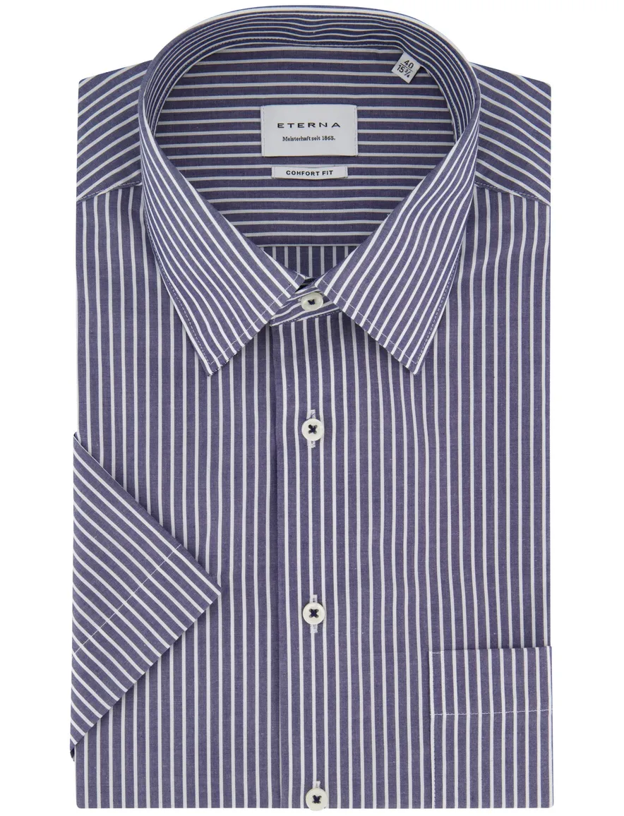 Eterna blauw gestreept katoen korte mouw