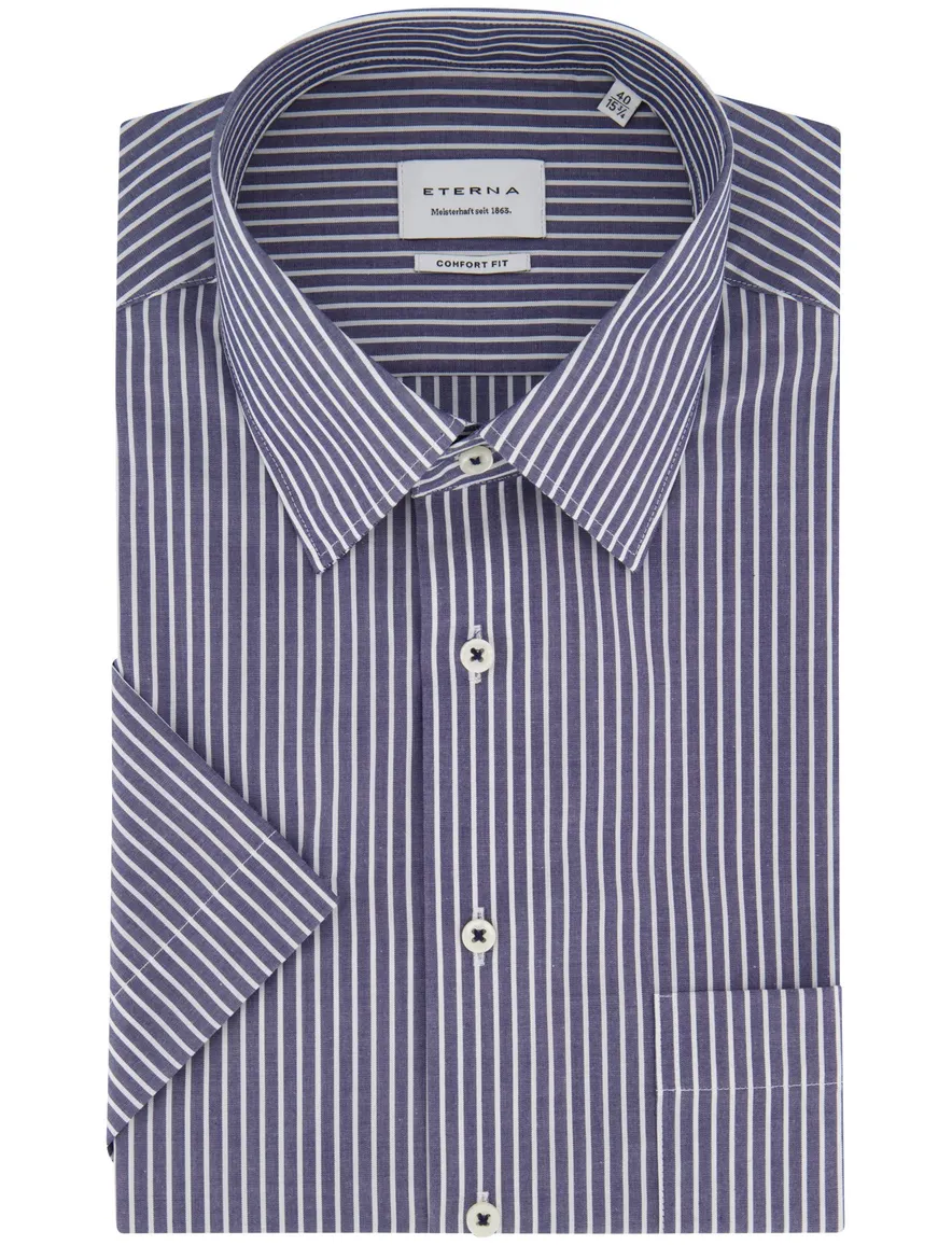 Eterna blauw gestreept katoen korte mouw