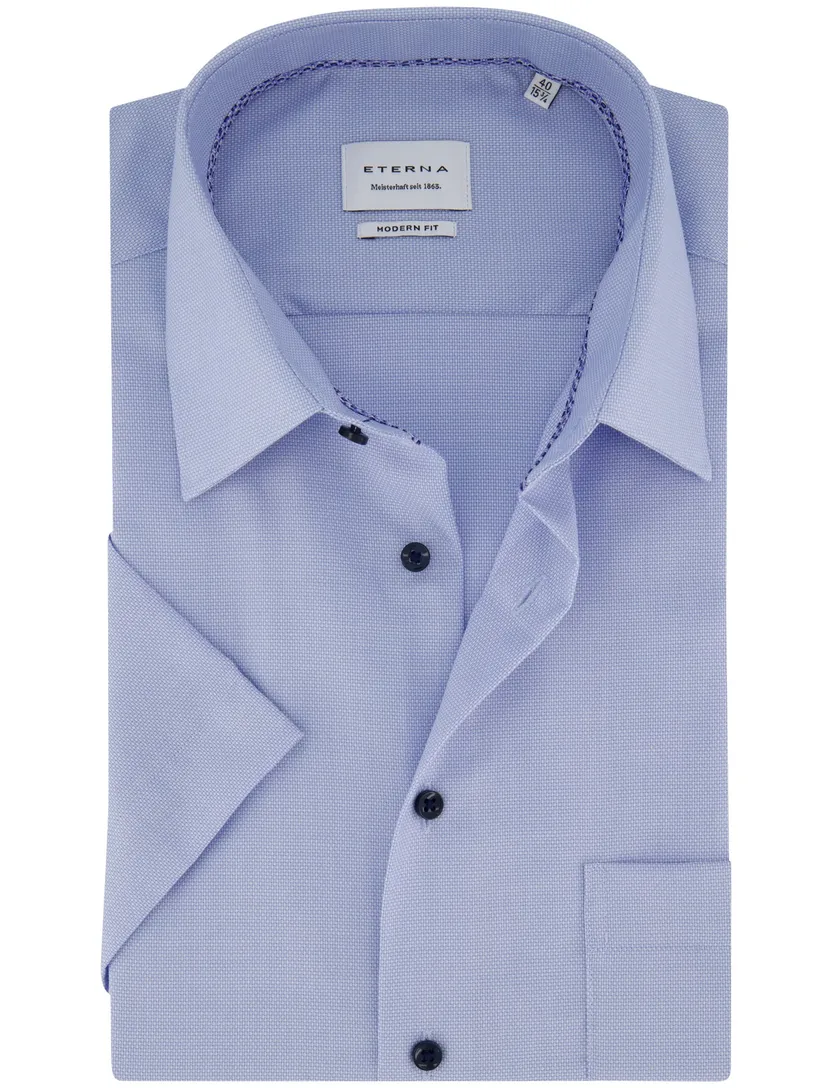 Eterna overhemd blauw korte mouw met borstzak