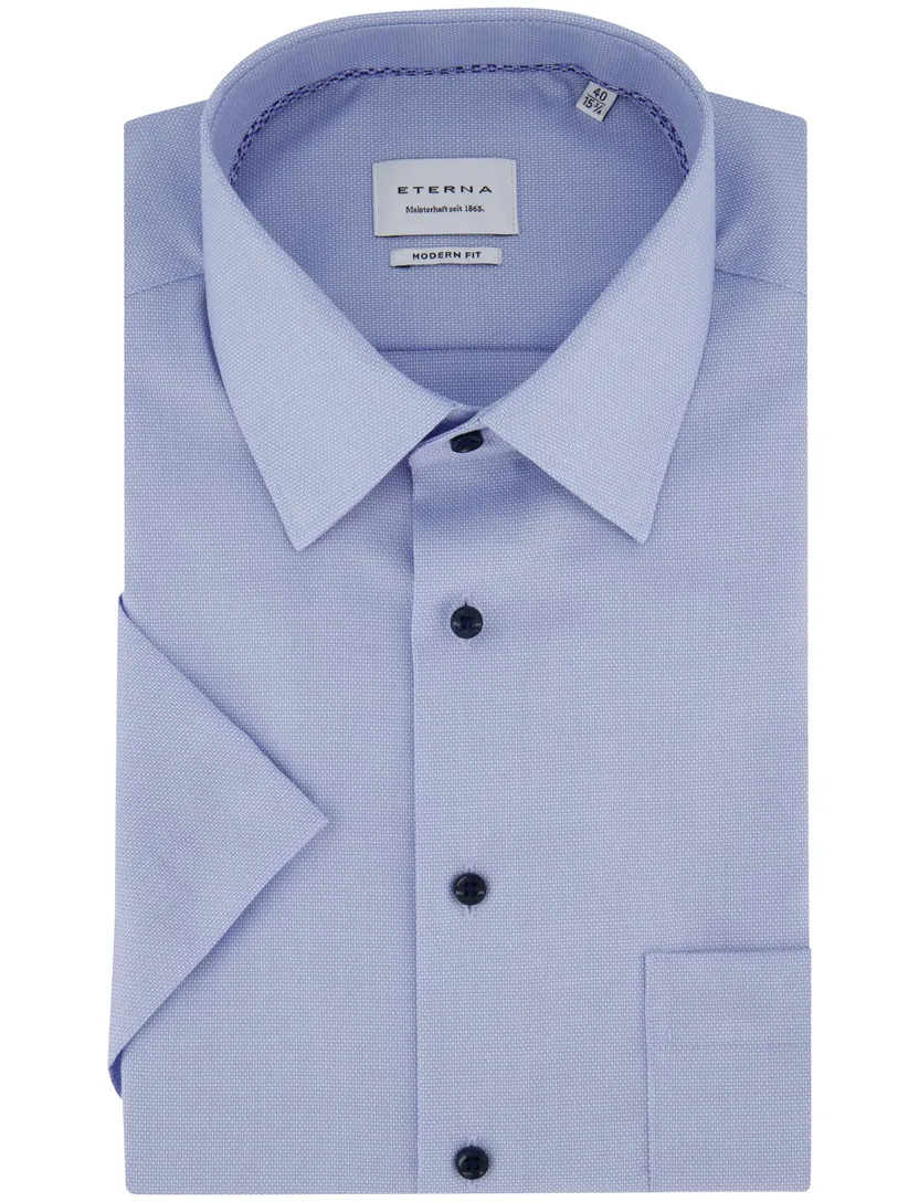 Eterna overhemd blauw korte mouw met borstzak