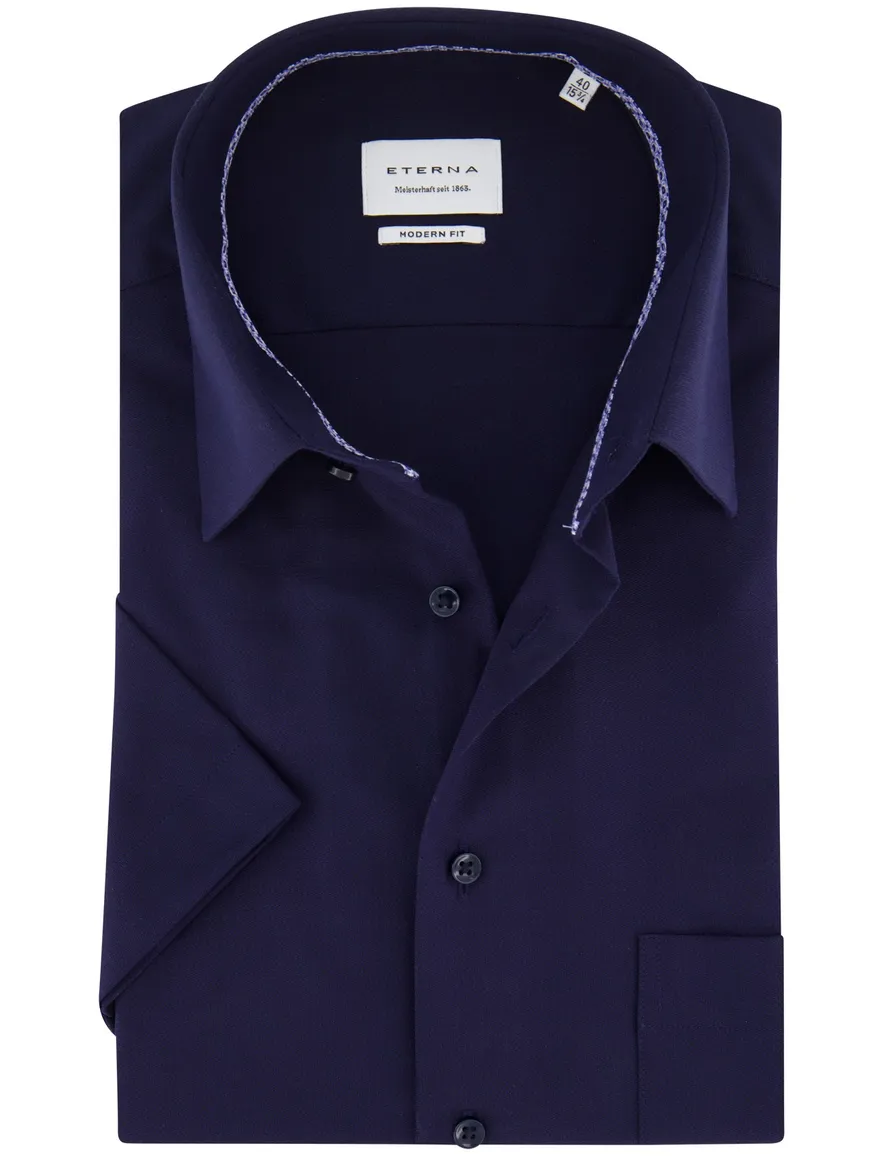 Eterna korte mouw overhemd donkerblauw strijkvrij