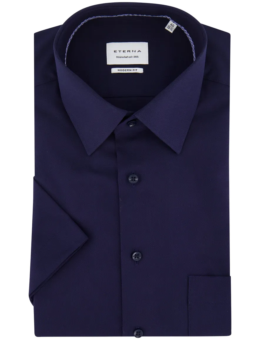 Eterna korte mouw overhemd donkerblauw strijkvrij