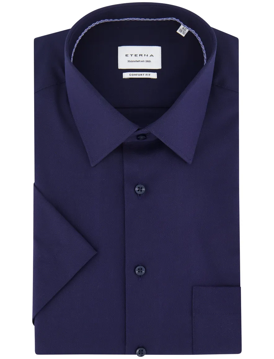 Eterna overhemd donkerblauw katoen korte mouw