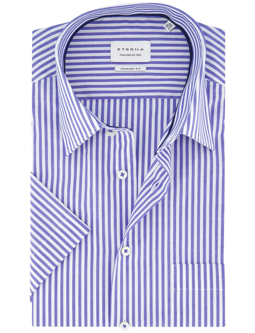 Eterna overhemd blauw gestreept korte mouw