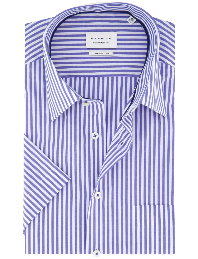 Eterna overhemd blauw gestreept met borstzak