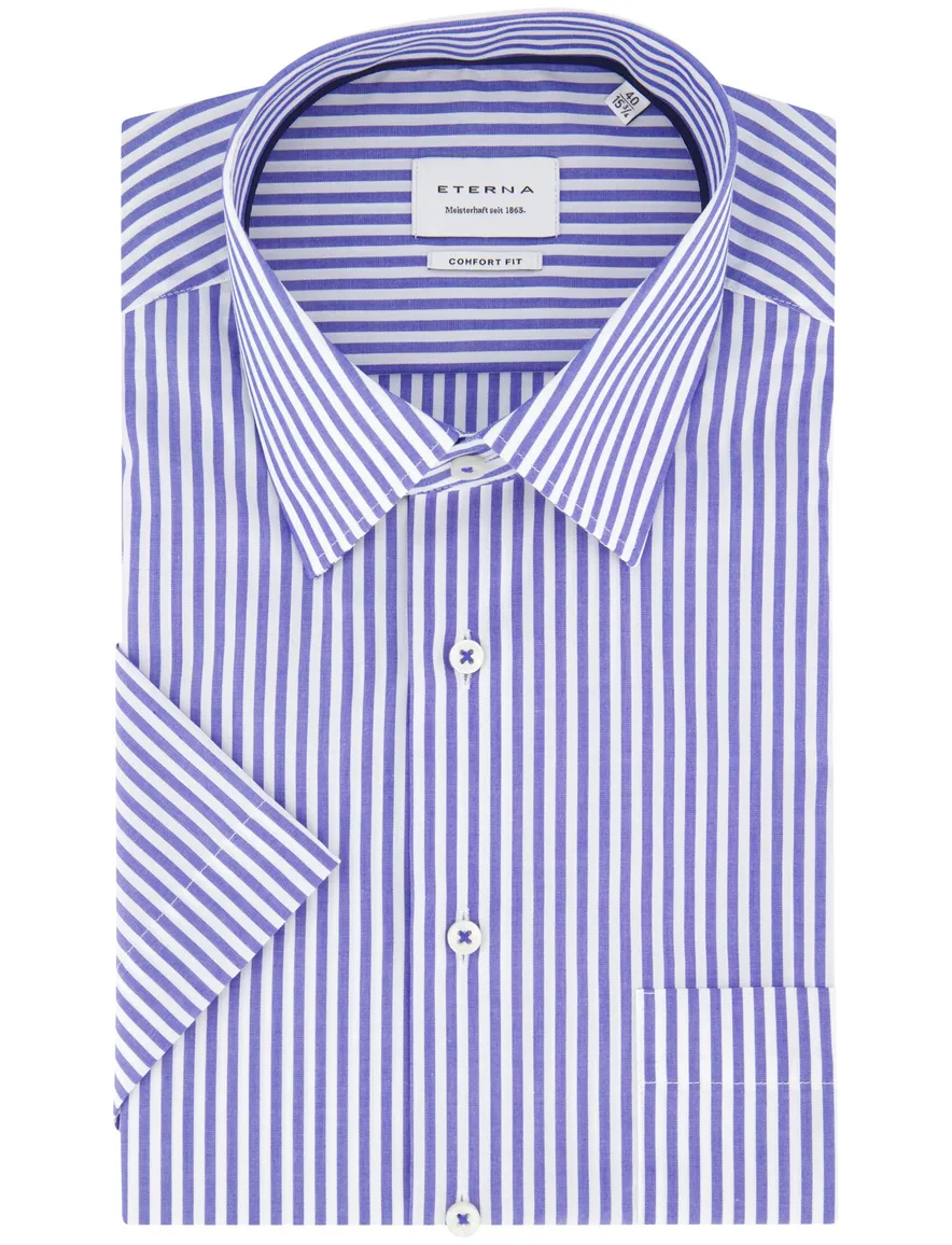Eterna overhemd blauw gestreept korte mouw