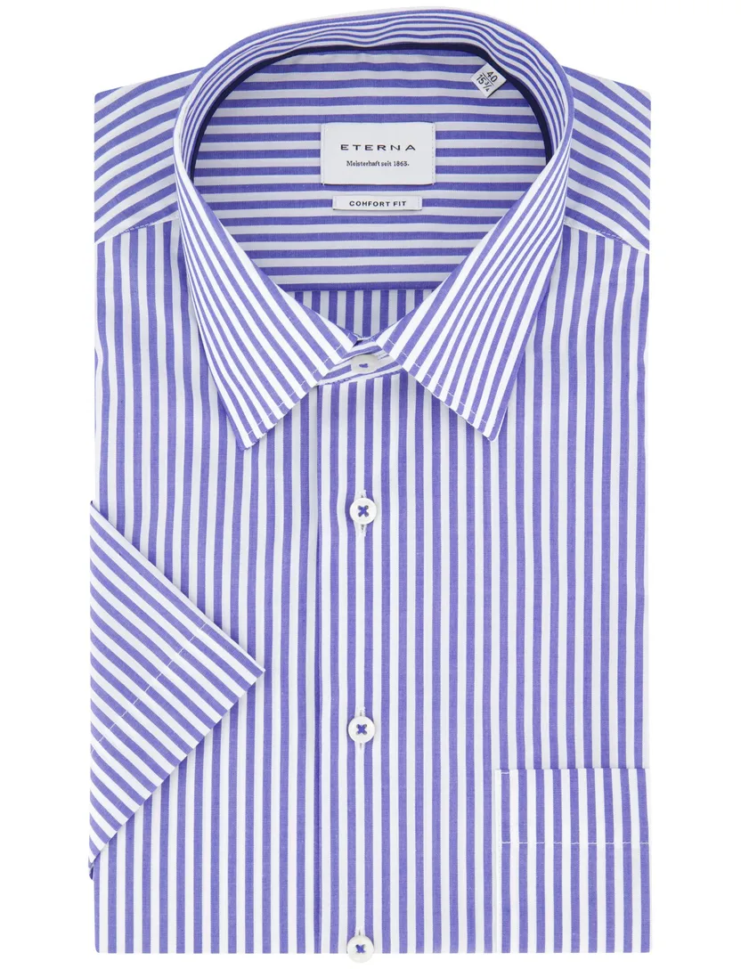 Eterna overhemd blauw gestreept met borstzak