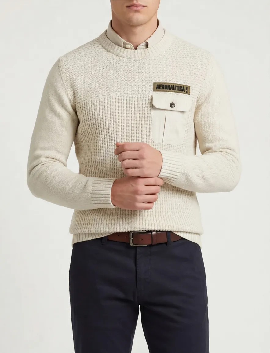 Aeronautica Militare trui gebreid beige effen normale fit