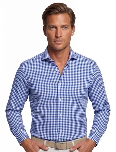 John Miller John Miller overhemd blauw geruit wide collar