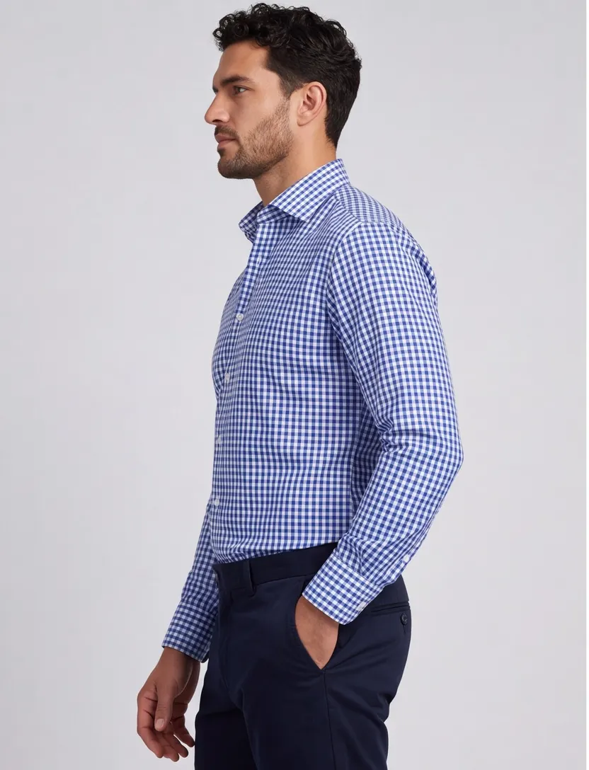 John Miller tailord fit overhemd ml7 blauw geruit katoen