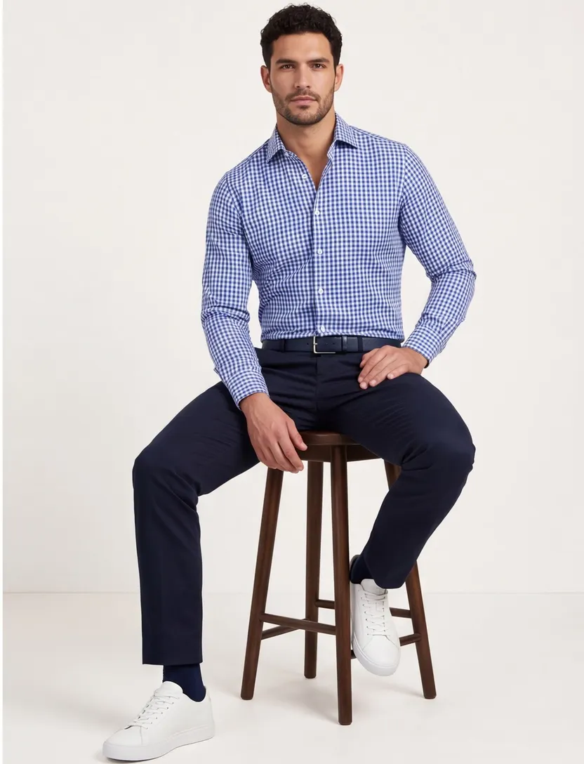 John Miller tailord fit overhemd ml7 blauw geruit katoen