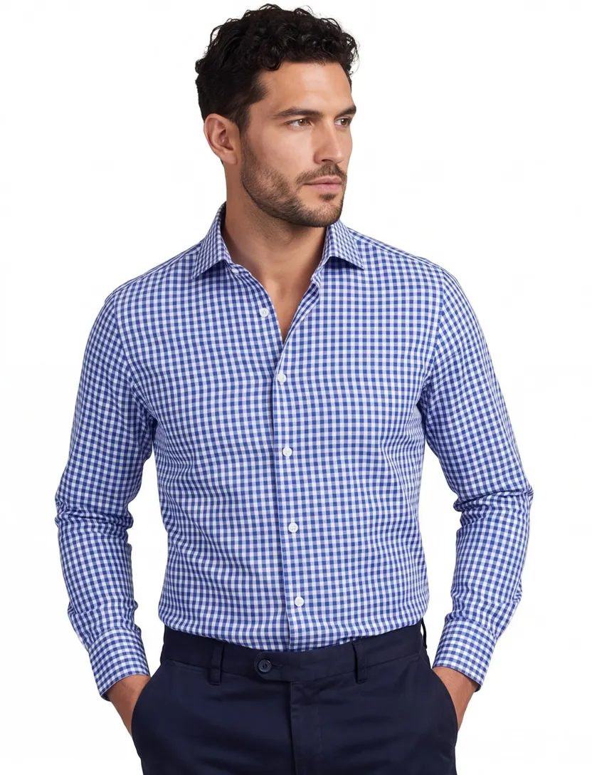 John Miller tailord fit overhemd ml7 blauw geruit katoen