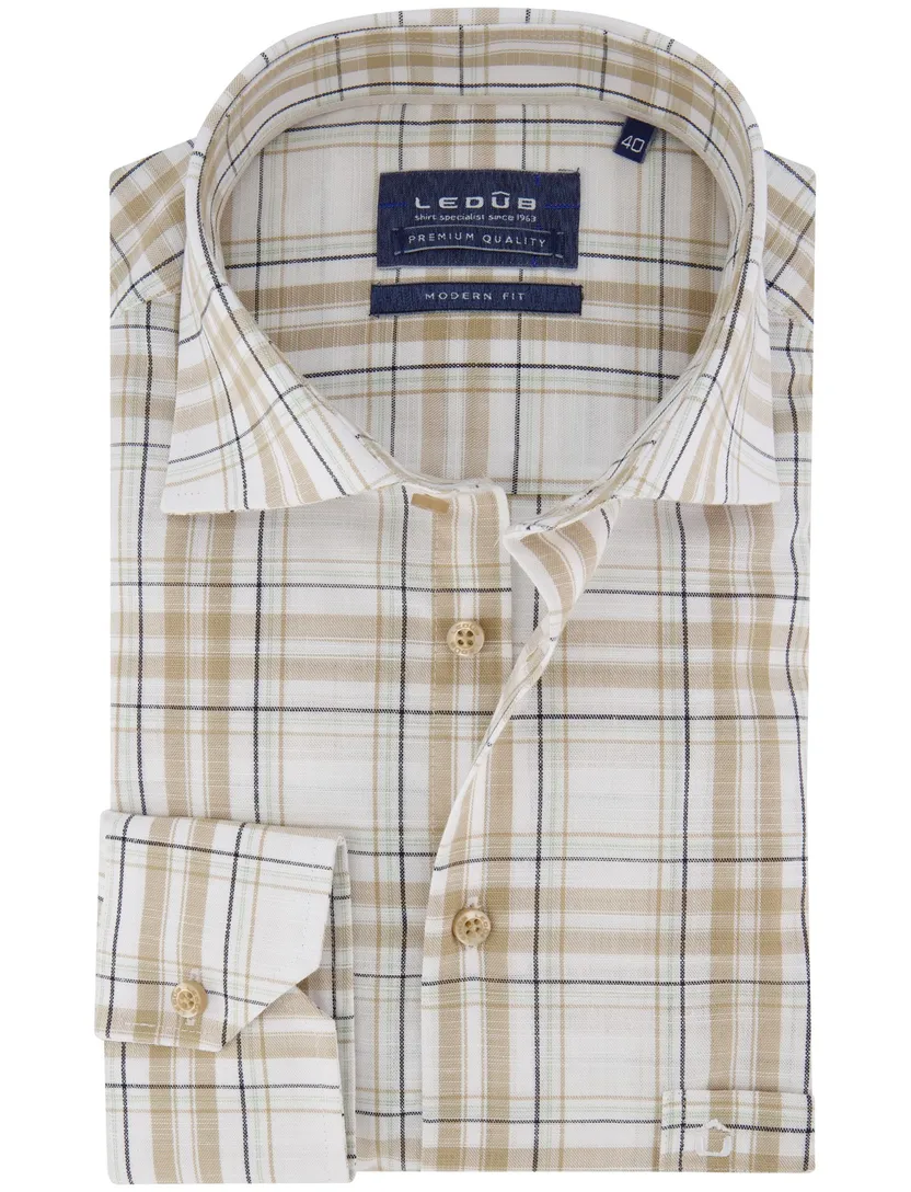 Mouwlengte 7 overhemd Ledub geruit bruin wide collar
