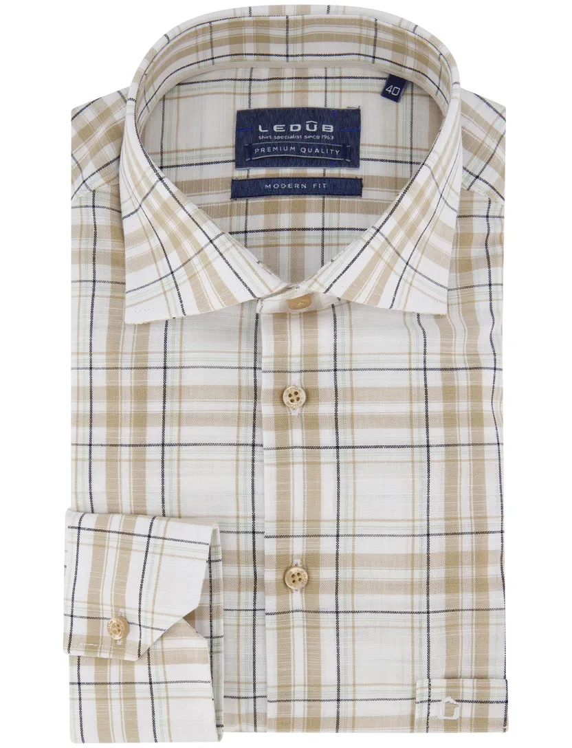 Mouwlengte 7 overhemd Ledub geruit bruin wide collar