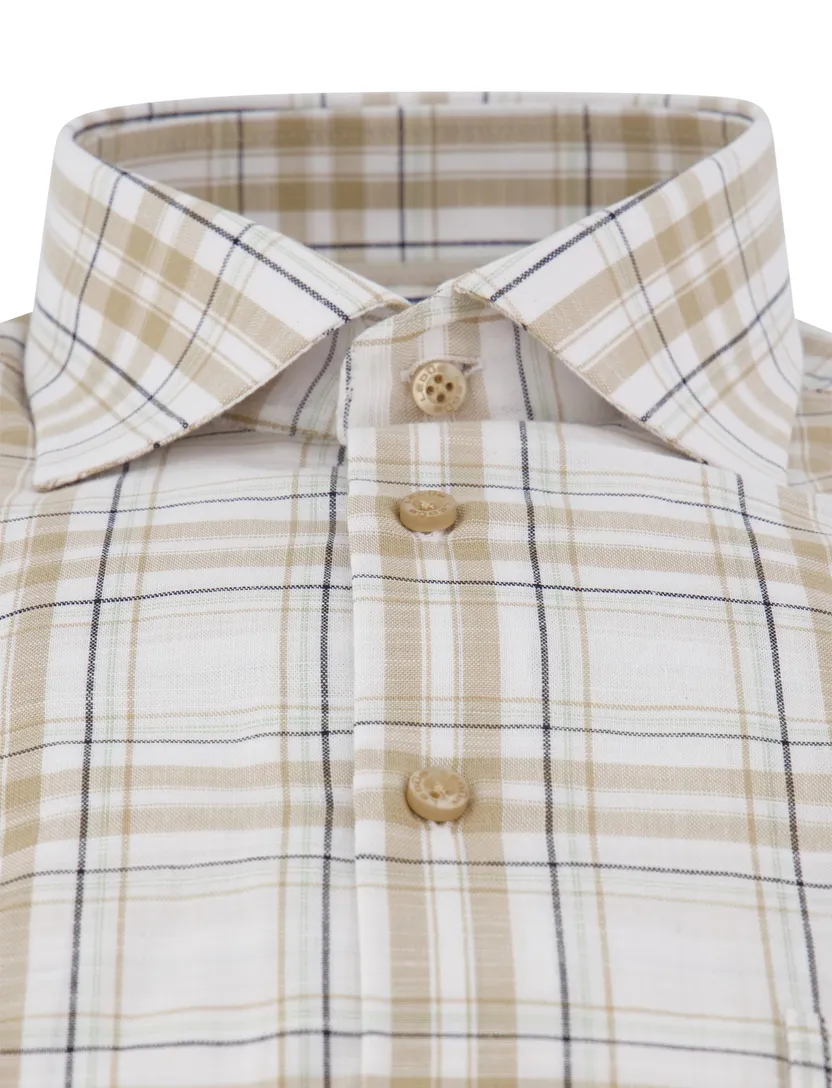 Mouwlengte 7 overhemd Ledub geruit bruin wide collar