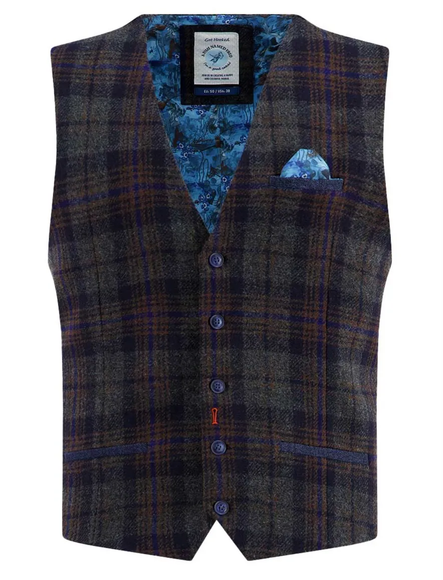 A Fish Named Fred gilet blauw geruit normale fit borstzak