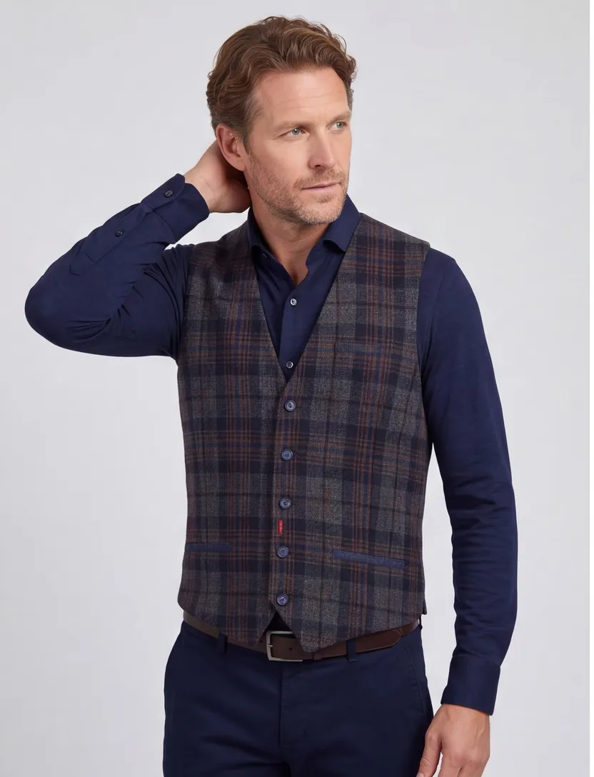 A Fish Named Fred gilet blauw geruit normale fit