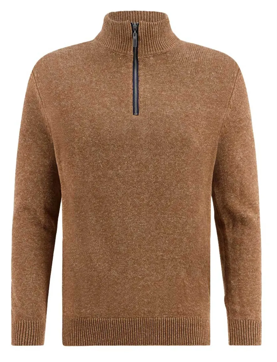 A Fish Named Fred halfzip trui bruin slim fit katoen