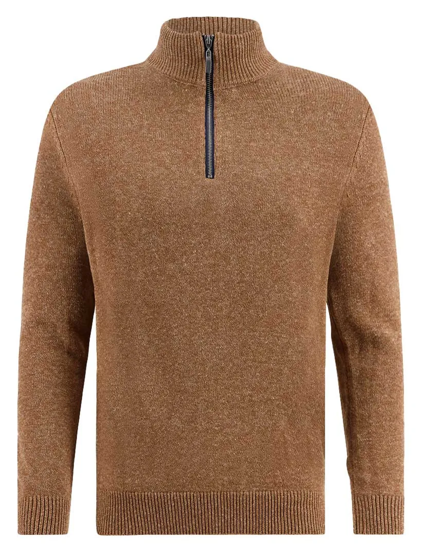 A Fish Named Fred halfzip trui effen bruin slim fit