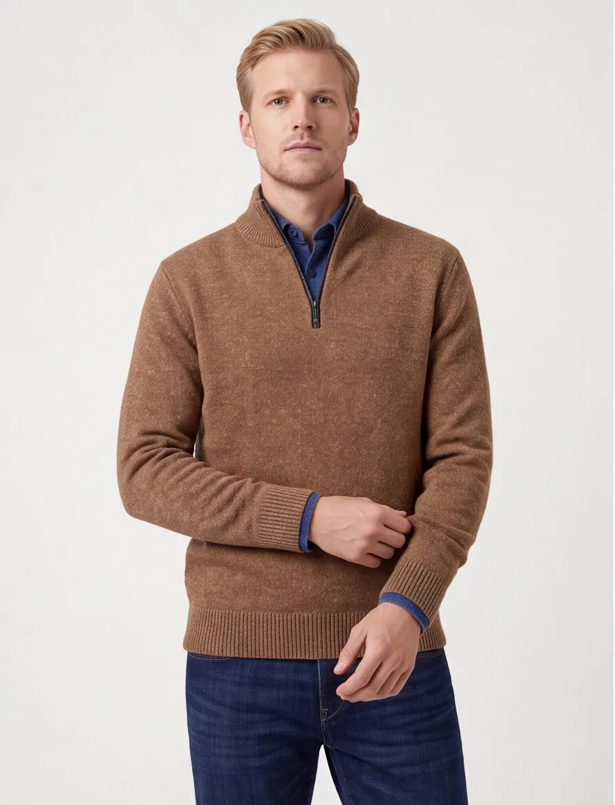 A Fish Named Fred halfzip trui bruin slim fit katoen