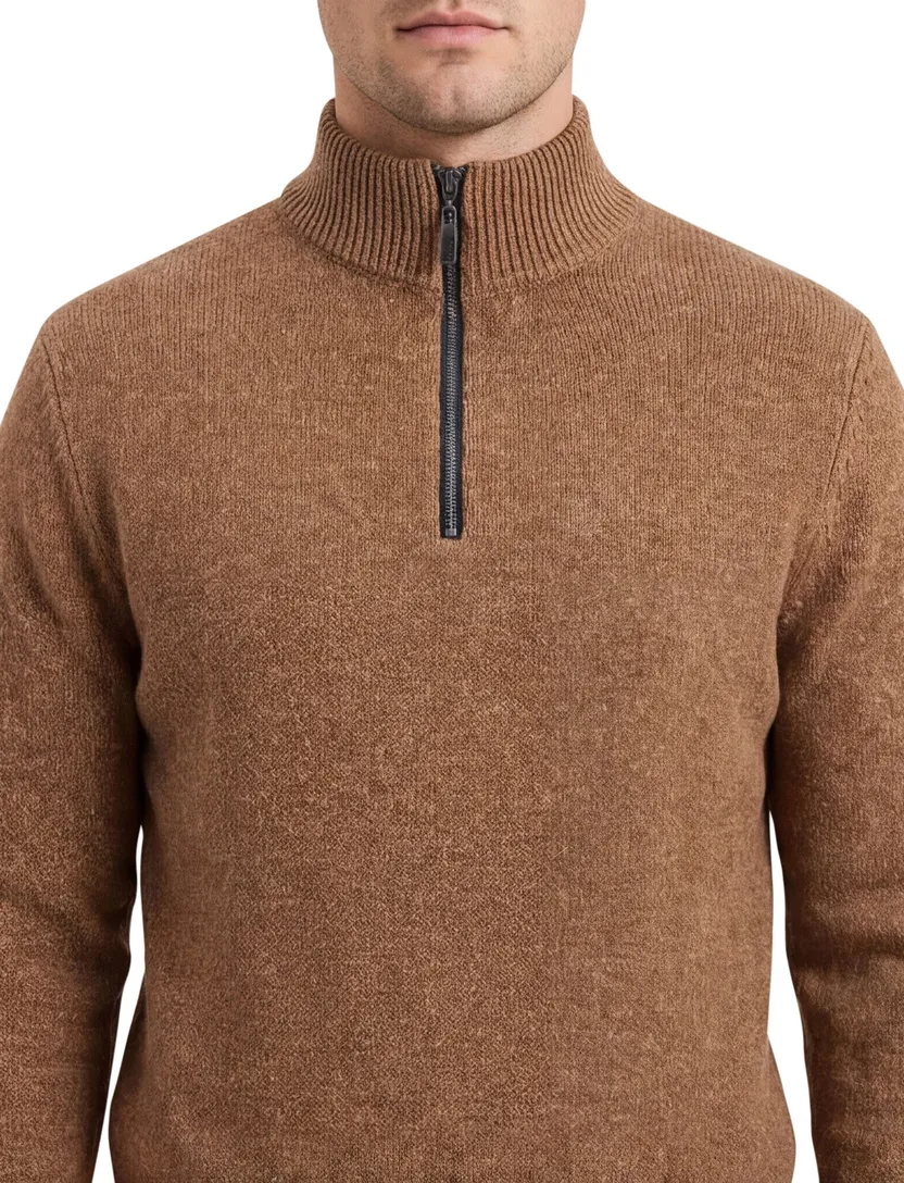 A Fish Named Fred halfzip trui effen bruin slim fit