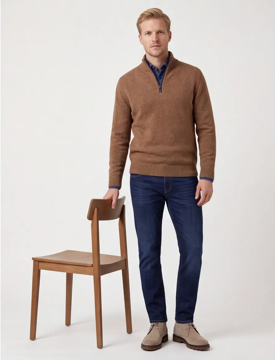 A Fish Named Fred halfzip trui bruin slim fit katoen
