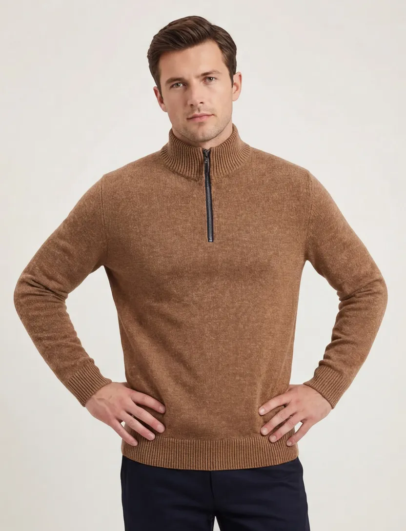 A Fish Named Fred halfzip trui effen bruin slim fit