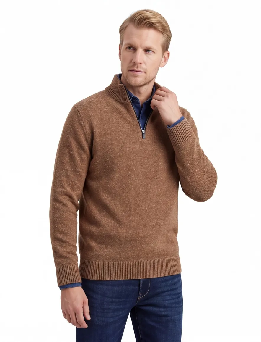 A Fish Named Fred halfzip trui bruin slim fit katoen