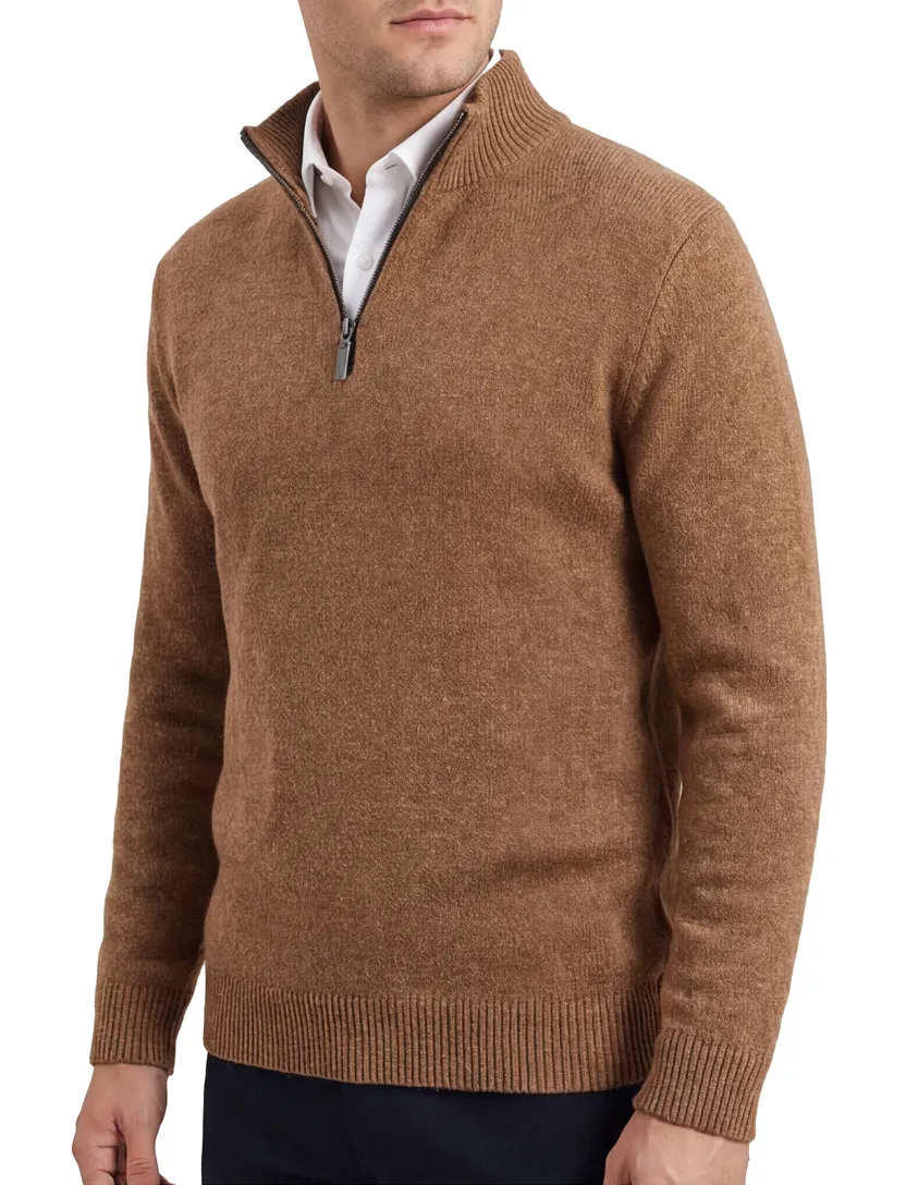 A Fish Named Fred halfzip trui effen bruin slim fit