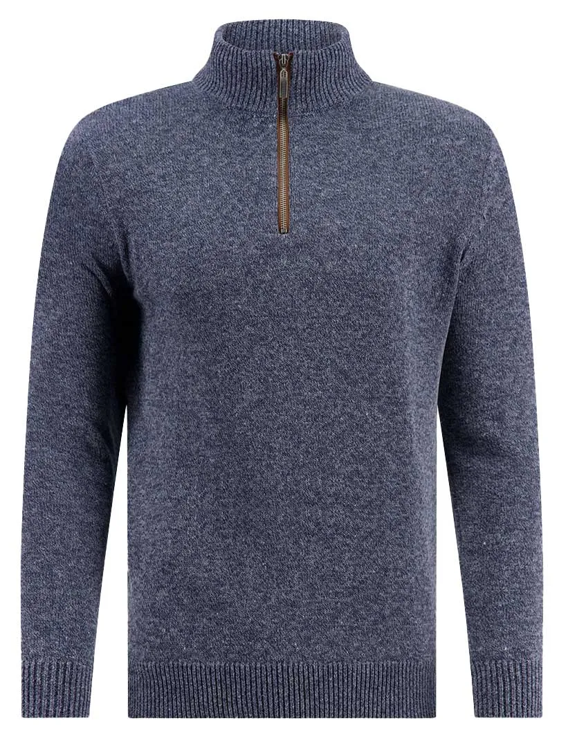 katoenen A Fish Named Fred halfzip trui blauw effen slim fit