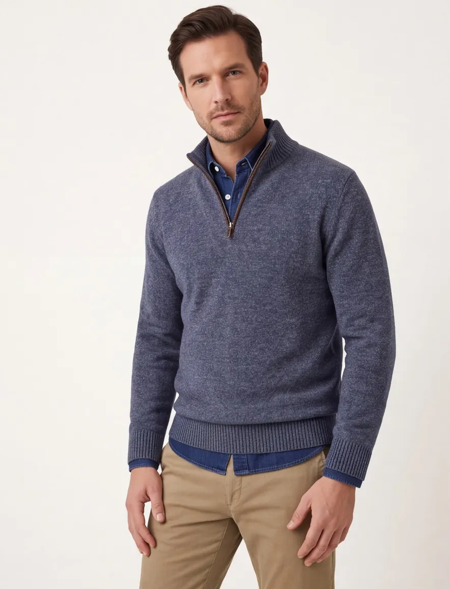 A Fish Named Fred halfzip trui blauw effen slim fit katoen