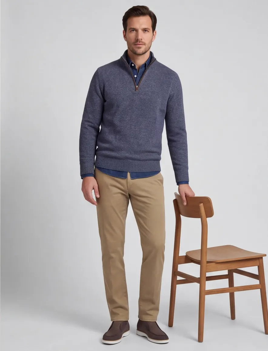 A Fish Named Fred halfzip trui blauw effen slim fit katoen