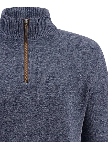 katoenen A Fish Named Fred halfzip trui blauw effen slim fit