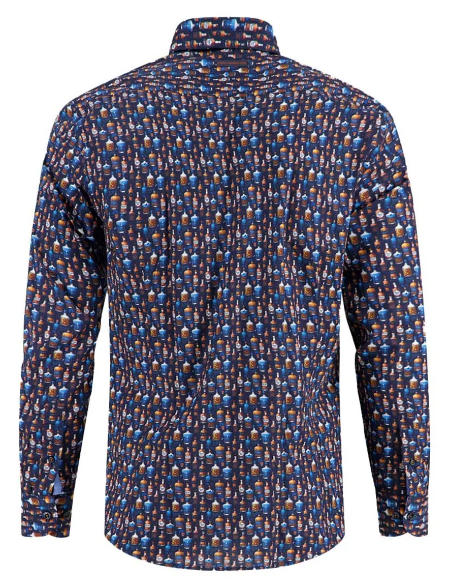 A Fish Named Fred overhemd donkerblauw geprint katoen