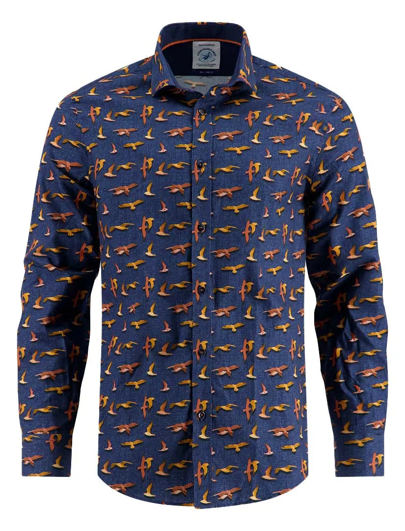 A Fish Named Fred overhemd donkerblauw geprint vogels