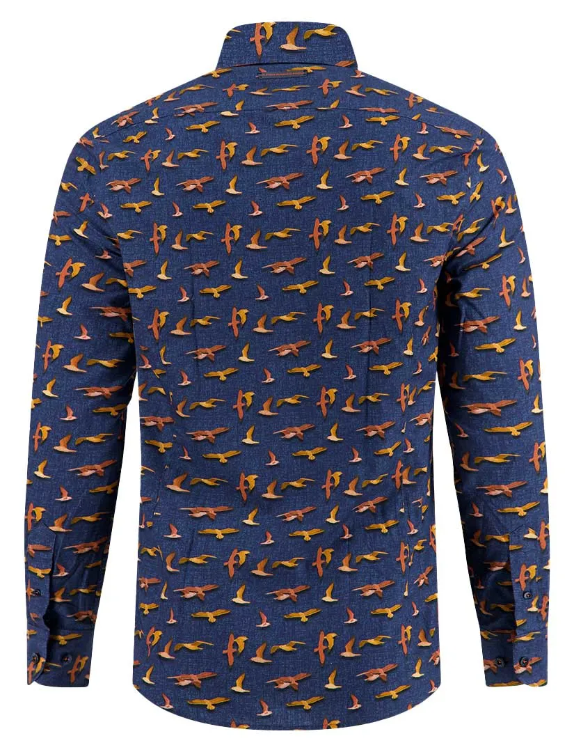 A Fish Named Fred overhemd donkerblauw geprint vogels