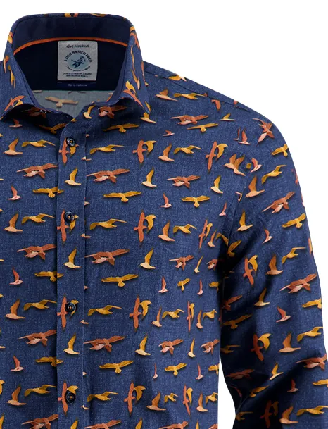 A Fish Named Fred overhemd donkerblauw geprint vogels