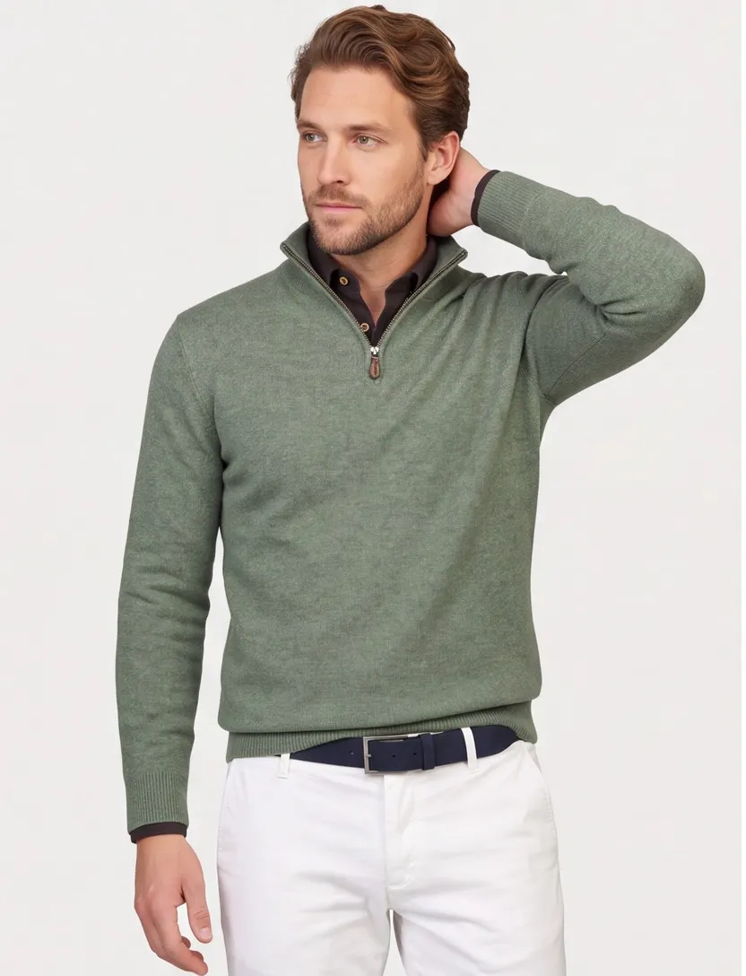 Lamswollen trui half zip Alan Paine groen gemeleerd