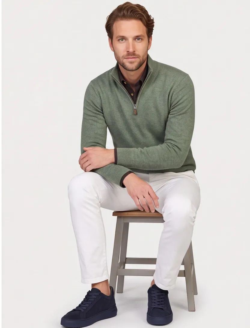 Lamswollen trui half zip Alan Paine groen gemeleerd
