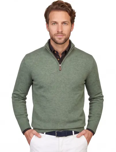 Alan Paine Alan Paine trui half zip gemeleerd groen lamswol