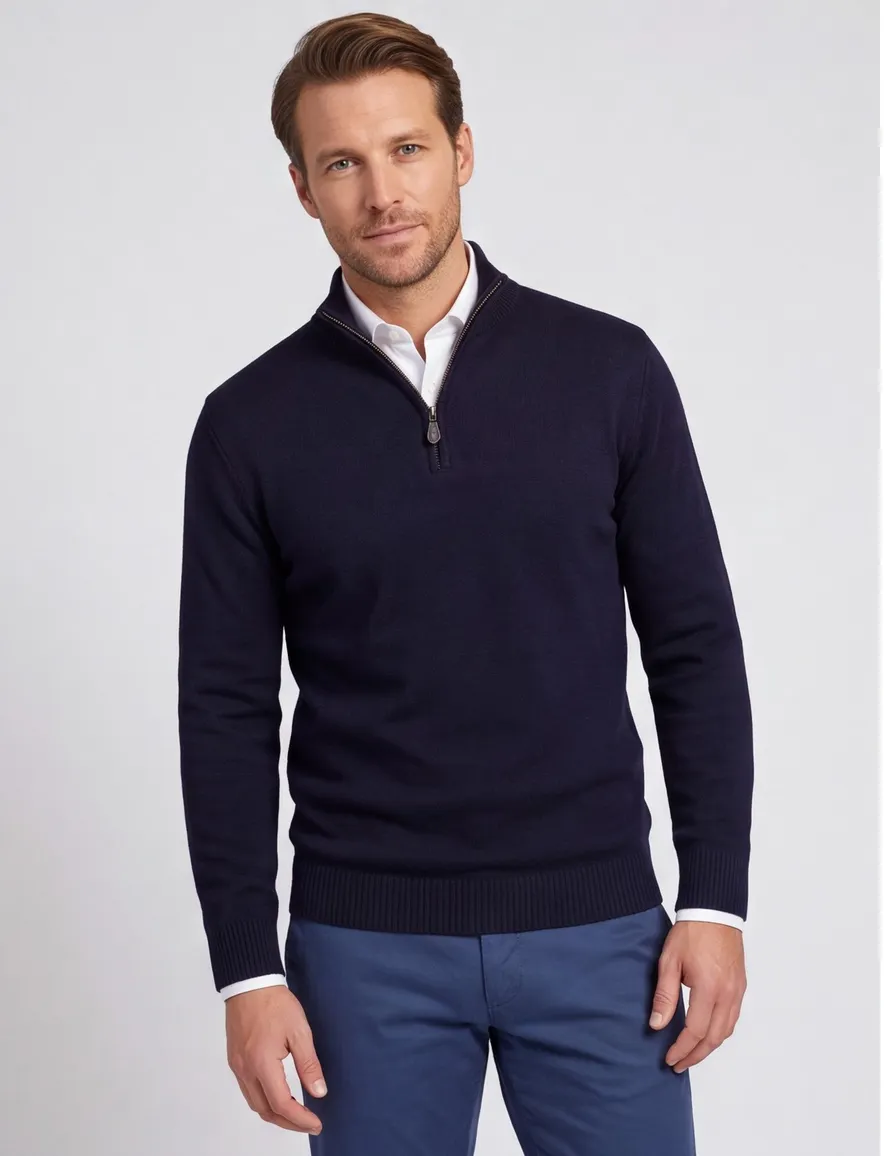Alan Paine trui half zip effen donkerblauw lamswol
